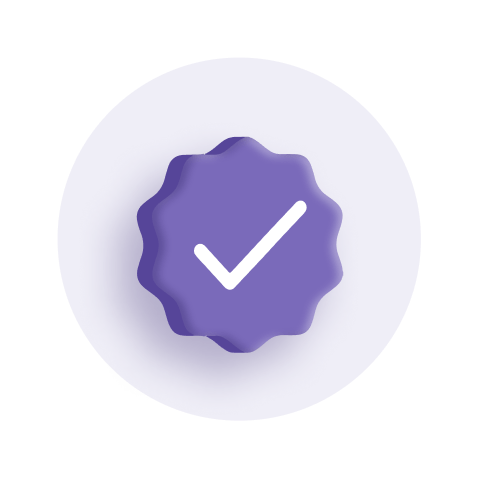 a purple seal with a check mark on it