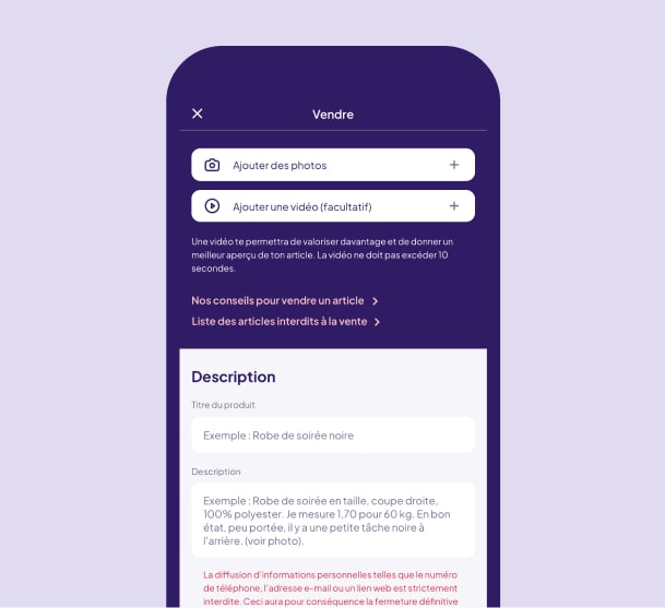 a cell phone with a description page on the screen